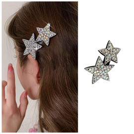 Iaceble Sparkly Crystal Star Hair Clip Rhinestone Silver Star Snap Clip Non Slip Large Double Star Hair Barrette Cz Star Side Clip Hairpin Decorative Hair Accessories for Women and Girls Headdress