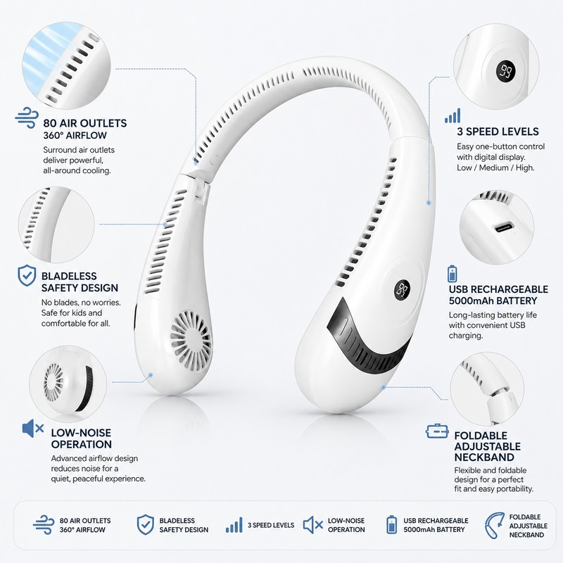 Portable Bladeless Neck Fan for Hands-Free Cooling – Foldable 3-Speed