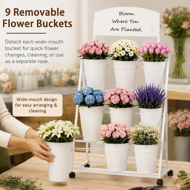 3-Tier Metal Flower Cart Display Stand with 9 Buckets, Flower