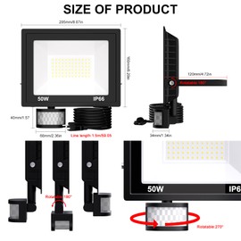 MIWAT 50W Plug in LED Motion Sensor Flood Light, PIR Induction Lamp, Dusk to Dawn Outdoor Auto ON/Off, IP66 Rainproof Work Light for Garage Yard Patio Porch Doorway Wall