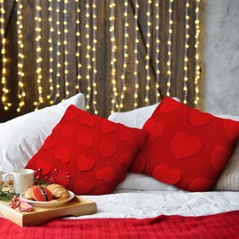 HunnmingRe 2 Pcs Valentine's Day Heart Throw Pillow Covers 18x18 Inch Embroidery Heart Love Pillow Cases Plush Faux Fur Pillowcase Valentines Day Decor for Home Living Room Bed Couch Covers(Red)