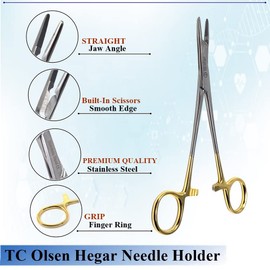 TC Olsen Hegar Needle Holder Comes with Tungsten Carbide Inserts & Built-in Scissors Serrated Jaws Made of Stainless Steel and Gold Handle Ratchet Finger Rings (6.5 Inch)