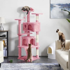 Yaheetech 62in Cat Tree Tower for Indoor Cats, Furniture w/Double Condo, Scratching Posts, Multiple Platforms and Balls for Kittens, Pink