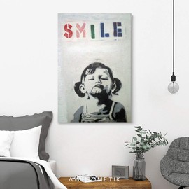 Awesometik" Banksy Graffiti Street Art Canvas Art Wall Art Home Decor (45L x 30W, Smile Girl)