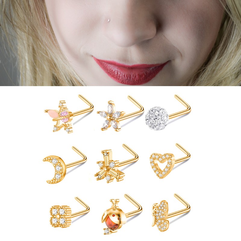 9pcs Nose Studs Set Golden Stainless Steel L Shape Shiny