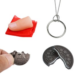 Neliky Juego de trucos mágicos que incluye 4 trucos clásicos, monedas de mordida, galletas de mordida, punta de pulgar falsa de seda desaparecida, cadenas de anillo mágico para calles juego de
