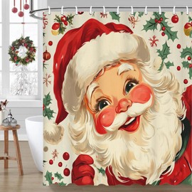 ubcindy Jolly Santa Claus Shower Curtain, Merry Christmas Santa Claus Holly Xmas Shower Curtain Set with 12 Hooks, Bath Curtain for Bathroom Decor, Washable Durable Waterproof Fabric, 71x71 Inch