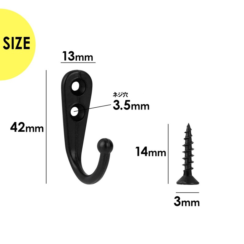 NYANDELMO ND-0046-R06-BK10 Wall Hooks, Antique Hooks, Black, Set of 10