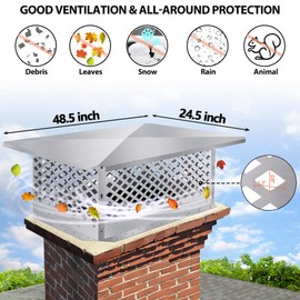 BUYYAH Chimney Cap,17" x 41"Chimney Cover, Adjustable Bottom to Fit Outside Existing Clay Flue Tile Dimensions 16.7" x 40.7" to 19.3" x 43.3", All Stainless Steel Structure, with Meshes, Bolts, Screws