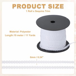 sourcing map 11 Yard Flat Sequin Strip, 6mm Paillette Sequins String Ribbon Roll Spangle Flat Sequin Strip for Crafts Embellishments Sewing Costume Accessories, White