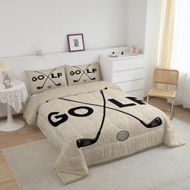 Golf Sports Bedding Set Queen Size Black Sketch Golf Ball Comforter Set 3Pcs Rustic Farmhouse Khaki Grid Quilt Set for Teens Adult Men Room Decor Golf Games Lover Duvet Insert,2 Pillowcases