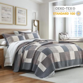 Finlonte Plaid Queen Quilt Set - Lightweight Cotton Quilted Bedspread Farmhouse Queen Size Comforter Sets with 2 Pillow Shams, 3-Piece, Brown/Gray/Beige