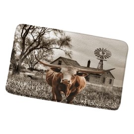 ZZYSKS Longhorn Cattle Bath Mat Highland Cow Bathroom Rugs Farm Animal Rustic Farmhouse Bull Windmill Barn Western Country Vintage Toilet Bedroom Kitchen Indoor Floor Decor 17.8x29.5 in