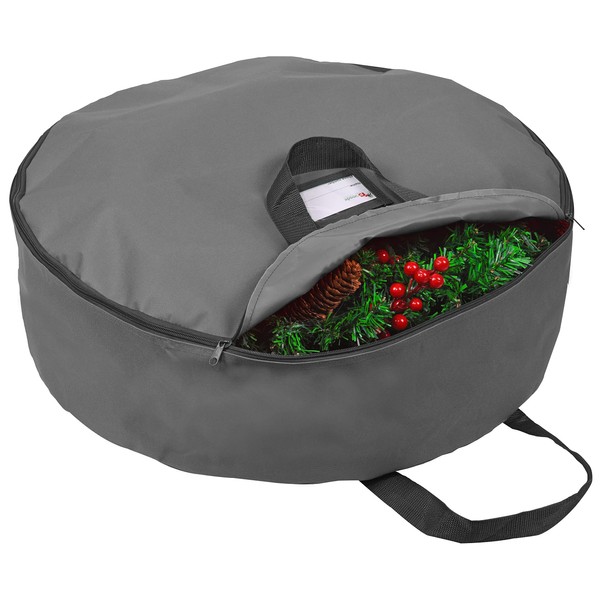 Primode Christmas Wreath Storage Bag 24"- Garland Wreaths Container with Handles - Durable 600D Oxford Polyester Material Holiday Wreaths Storage Holder (24", Gray)