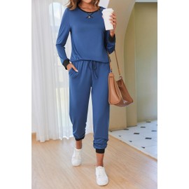 Ekouaer Women's Pajamas Sets Long Sleeve Pjs Soft Sleepwear O Neck 2 Piece Joggers Loung Set with Pockets Blue Large