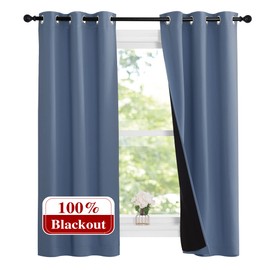 NICETOWN Stone Blue 100% Blackout Small Curtains 63 inches Long, Thermal Insulated Full Blackout 2-Layer Lined Drapes, Energy Efficiency Window Draperies for Boy's Room (2 Panels, 37-inch W)