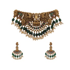 TARINIKA Brass Sreeja Antique Nakshi Choker Necklace Set with Temple Design - Indian Choker Necklace for Women | Perfect for Ethnic occasions | Indian Jewelry Sets for Women