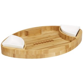 Prairie Collections Football Shaped Bamboo Serving Tray (10" x 16" x 2.5”) Includes 2 Dip Trays - Large Chip Serving Dish for Parties
