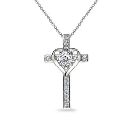 GemStar USA Sterling Silver Cross Heart Necklace Made with AAA Cubic Zirconia