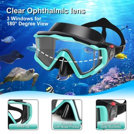 Dry Snorkel Set Pano 3 Snorkeling Gear for Adult, Anti-Fog Snorkel Mask Professional Diving Goggles and Snorkel for Snorkeling Swimming Diving (Aqua)