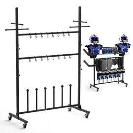LUCKUP Hockey Gear Drying Rack for 2 Sets, Ice Hockey Gear Holder Field Hockie Equipment Dryer, Multifunctional Sports Metal Rack with Wheels & Hooks for Organized Storage Space Saving