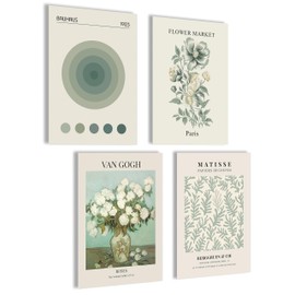 mojoliving Modern Pictures Flower Poster Set Pictures Green Bedroom Matisse Poster Set Flower Market Wall Decoration Green 4 x A4 without Frame