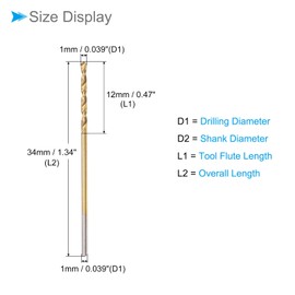 CoCud Twist Drill Tool, 0.04 inch (1 mm) Drilling Diameter, Titanium Coated High Speed Steel 6542, Straight Shank, Round Shank (For Stainless Steel, Alloy Metal), 6 Pieces