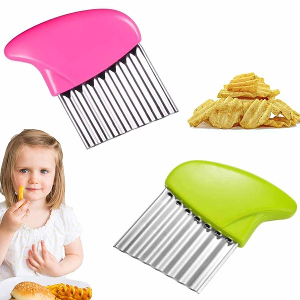 Tuofang Stainless Steel Potato Knife, 2 Pieces French Fries Wave Knife, Potato Chips Wave Cutter, Crinkle Cutter, for Cutting Potato, Onion and Vegetable, Fruit Chips (Green Pink)
