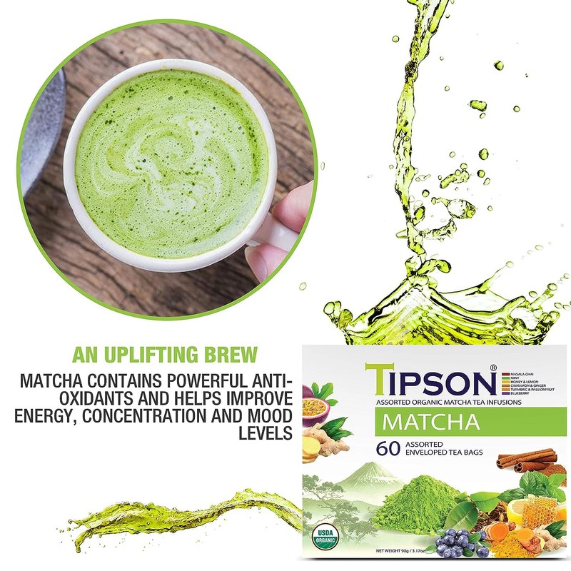 Tipson Organic Matcha Variety Sampler - 6 Flavors (60 Tea