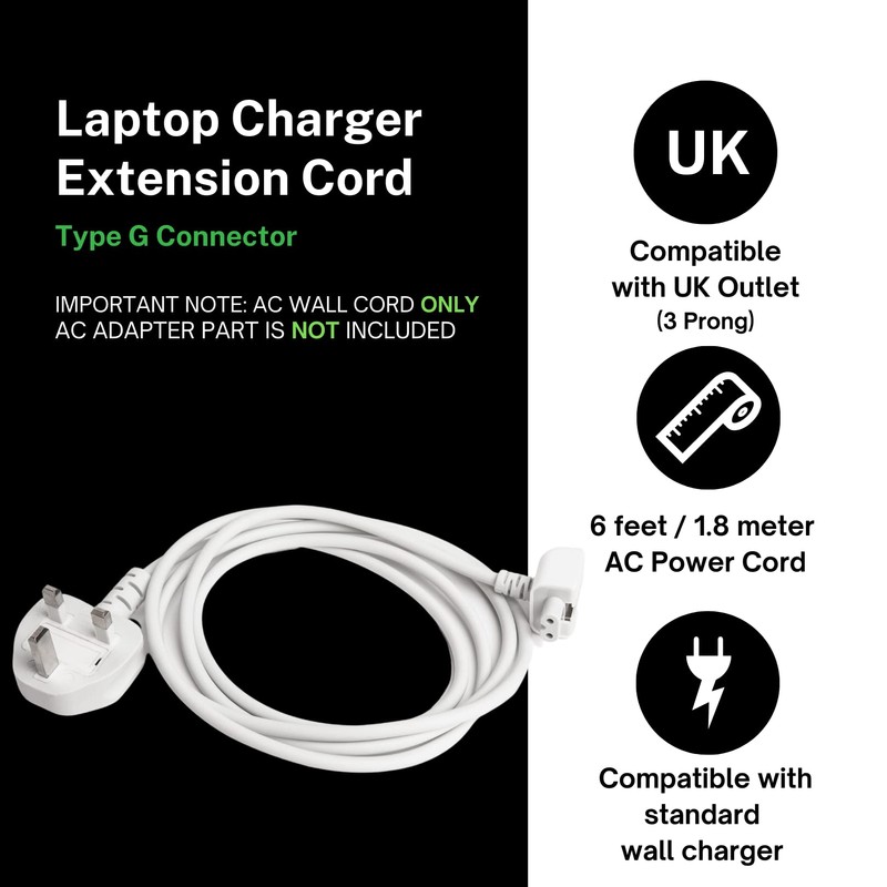 UK Power Adapter Extension Cable 1.8m/6ft for MacBook Apple Chargers,