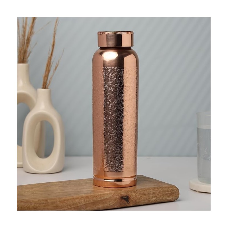 ANCIENTIMPEX Pure Copper Water Bottle Etching Pattern Jointless 900 Ml