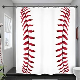 Yookeb Baseball Sports Bathroom Shower Curtain 60W by 71H Inch Teen Boys Cool Red White Kids Man Polyester Fabric 12 Plastic Hooks Waterproof Decor