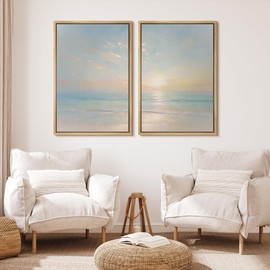 MUDECOR Framed Canvas Print Wall Art Set Ocean Sunset Coastal Seascape Beach Illustrations Modern Art Decorative Bohemian Calm/Zen for Living Room, Bedroom, Office - 24"x36"x2 NATURAL