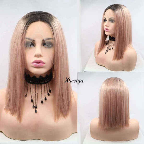 Xiweiya 14 cm with Hair Bob Wig ombre Rose Gold Synthetic Lace Front Wig with Summer Hairstyle Full Wigs Glueless Wig Heat Resistant Pink