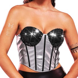 Kakaco Women's Grey Strapless Corset Top Sparkly Lace Up Metallic Bustier Tops for Going Out (US, Alpha, X-Large, Regular, Regular, Black)