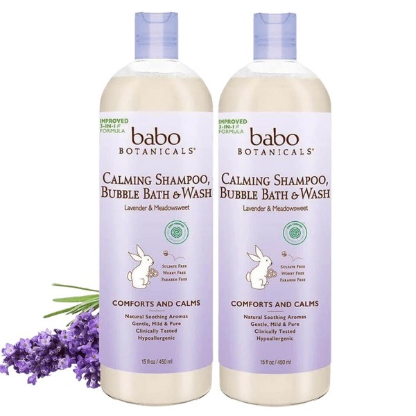 Babo Botanicals Calming Plant-Based 3-in-1 Bubble Bath, Shampoo & Wash - with Lavender & Organic Meadowsweet - For Babies, Kids & Adults with Sensitive Skin - EWG Verified - 15 fl. oz. - 2-Pack