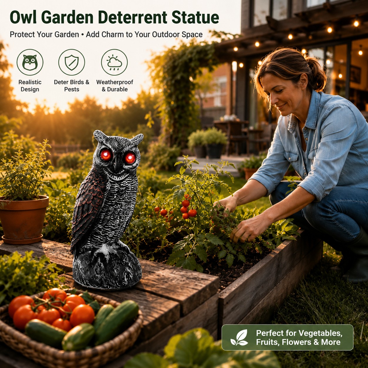 Solar Owl Bird Deterrent with Motion-Activated Sound & Flashing Eyes for Yards, Gardens, Farms & Orchards – Helps Protect Outdoor Areas