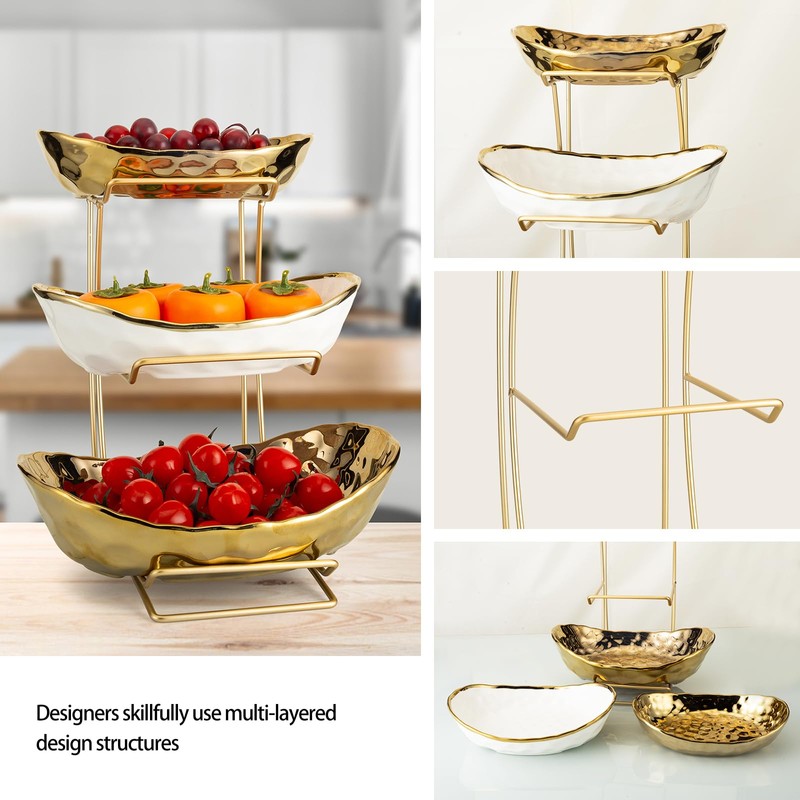 YYW 3 Tier Fruit Bowl for Kitchen Counter, White Gold