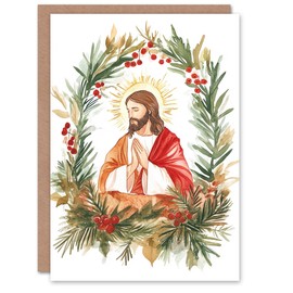 Artery8 Jesus Christ Pine Leaf Holly Wreath Blank For Him Or Her Art Xmas Festive Christmas Card