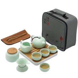 Ceramic Kungfu Tea Set - Complete Travel Tea Set with Teapot, 4 Teacups, Tea Canister, Fair Cup, Bamboo Tea Tray & Travel Bag | Portable Tea Set for Home, Office, Outdoor & Gifts (Green)