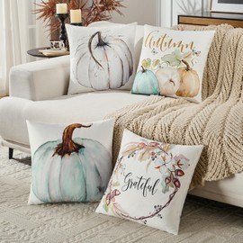 Volcanics Fall Pumpkin Pillow Covers Set of 4, Autumn Throw Pillow Cases 20x20, Thanksgiving Grateful Decorative Cushion Covers for Couch Sofa Farmhouse Home Decor