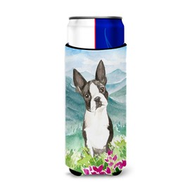 Caroline's Treasures CK2544MUK Mountain Flowers Boston Terrier Ultra Hugger for slim cans Can Cooler Sleeve Hugger Machine Washable Drink Sleeve Hugger Collapsible Insulator Beverage Insulated Holder