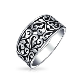 Bail Vine Scroll Oxidized .925 Sterling Silver Open Swirl Leaf Heart Wide Band Ring for Women Teens 8 MM