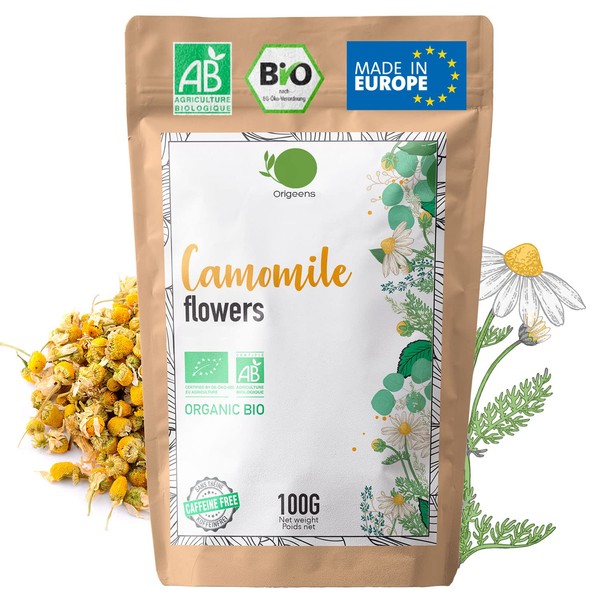 ORIGEENS ORGANIC CHAMOMILE TEA Sourced in Europe, 100g | Camomile Tea Whole Flower, Digestion & Sleep Easy Tea | Camomile Flowers - Organic Wild Chamomile Flowers