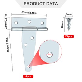 YIXISI Pack of 4 75 mm T-Hinges, Triangle Hinges, Metal T-shaped Door Hinges with 24 Screws for Wooden Doors, Fences, Garden Gate, Shed Doors, Windows, Silver