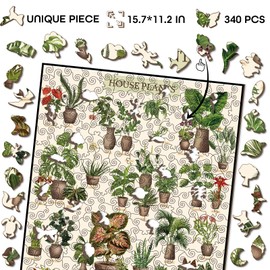 Vintage Houseplant Wooden Puzzle 340 Pieces for Adult, Botany Succulent House Plant Wood Puzzle, 39 Common Indoor Plants Jigsaw Puzzles, 15.7 * 11.2 in