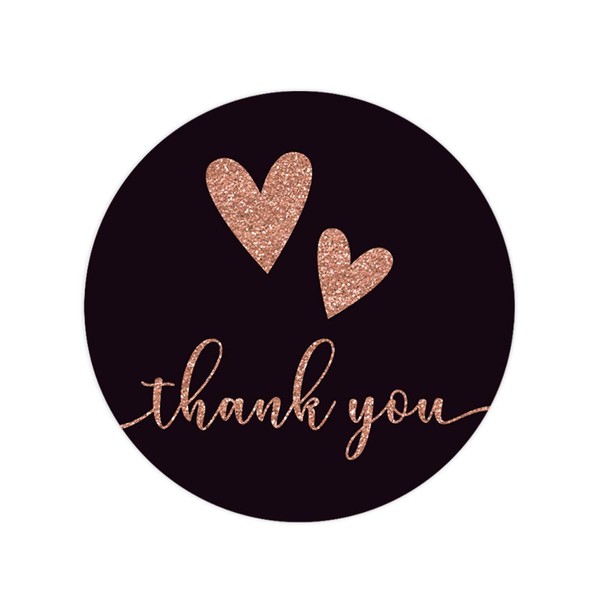 Andaz Press Bulk Stylish Faux Rose Gold Glitter Thank You Round Circle Label Stickers, 2-inch, Abby Black with Double Hearts, 80-Pack