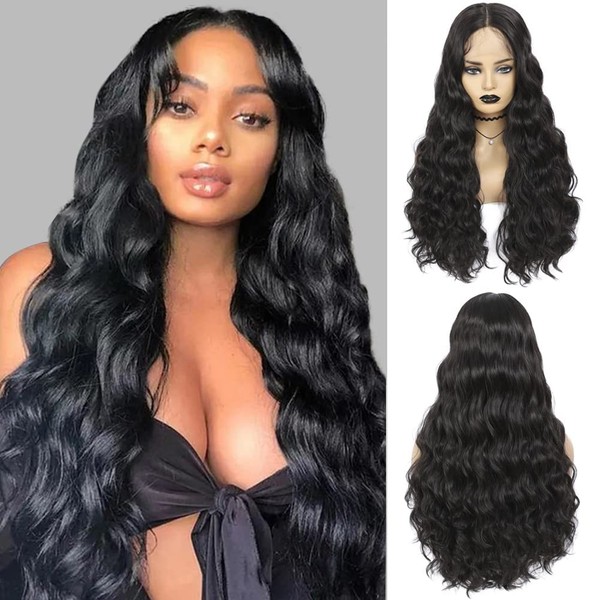 SOKU Long Loose Wave Lace Front Wig with Baby Hair 26 Inches Dark Brown Synthetic Wigs for Black Women Transparent Lace Heat Resistant Fiber Gift