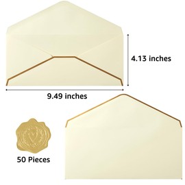 50 Pack #10 Business Envelopes with Gold Border, Self Seal Standard Envelopes with Gold Stickers for Office, Checks, Letter Mailing, Invoices, 4 1/8 x 9 1/2 Inches (Cream Color)