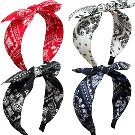 Jseng 4Packs Knotted Headbands for Women, Boho Paisley Pattern Floral Bow Headbands, Cute Bandana Rabbit Ears Headbands Hairband Hair Accessories White, Red, Navy, Black